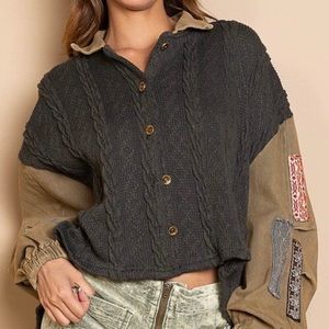 POL Woven Sleeves Cropped Sweater